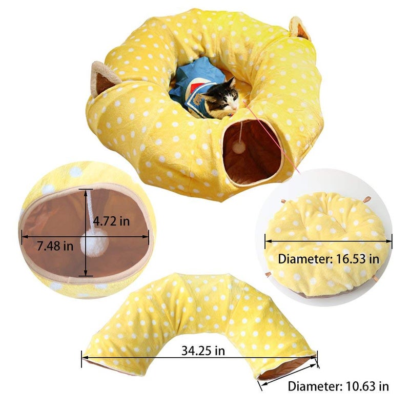 AUOON Cat Tunnel Bed - Christmas Tree Cat Tunnel, Cat Donut Tunnel with Soft Plush Circle Cushion for Indoor Cats Kitten Kitty Puppy Rabbit Ferret (Yellow) - Image 2